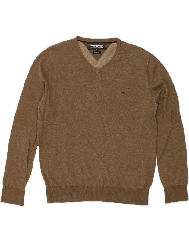 TOMMY HILFIGER Mens V-Neck Jumper Sweater Medium Brown Cotton Glossy Satin Silk