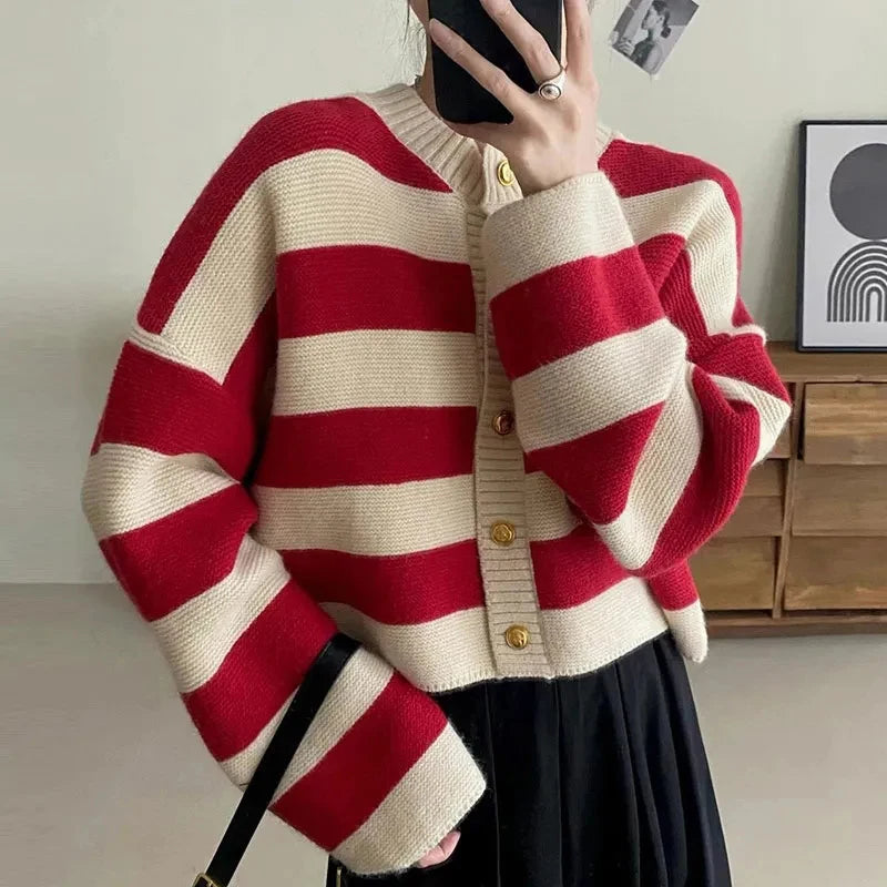 Wjczt Striped Knitted Cardigans Women 2023 Autumn Winter Button Up Loose Cardigan Sweaters Woman Korean Style Long Sleeve Knitwear Boxy Sweater Fitted Sweater A-Line