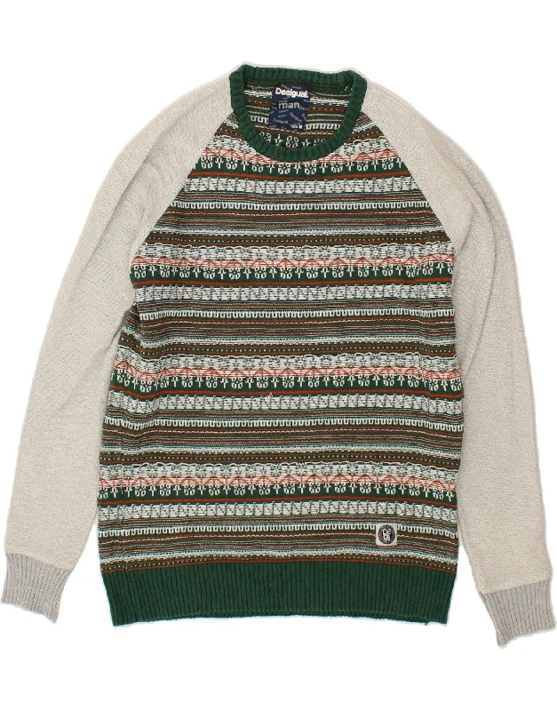 DESIGUAL Mens Crew Neck Jumper Sweater Medium Green Fair Isle Cotton Elegant Classic Vintage