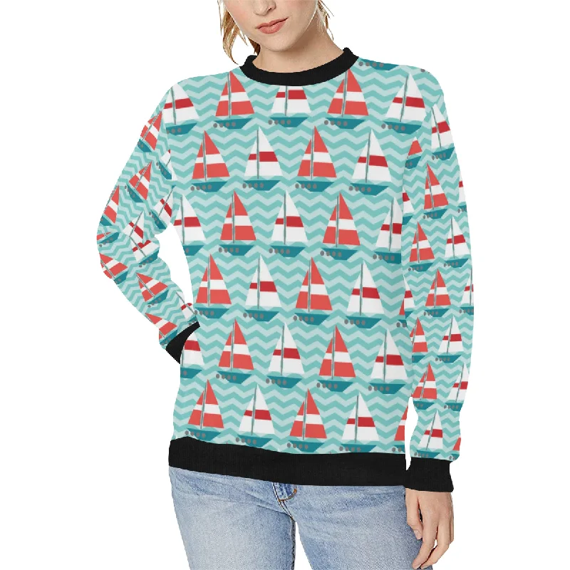 Red White sailboat wave background Women's Crew Neck Sweatshirt Hoodie with Set-In Sleeves Structured Classic