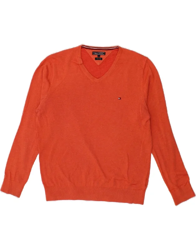 TOMMY HILFIGER Mens V-Neck Jumper Sweater Large Orange Cotton Boat Neck Shawl Collar Notched Collar