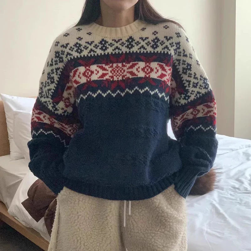 Wjczt Korean Lazy Style Sweater Woman 2025 Outerwears Hit Color Jacquard Pullovers Loose Knitted Ropa Mujer Autumn Winter Clothes Cotton Fabric Linen Fabric Terry Fabric