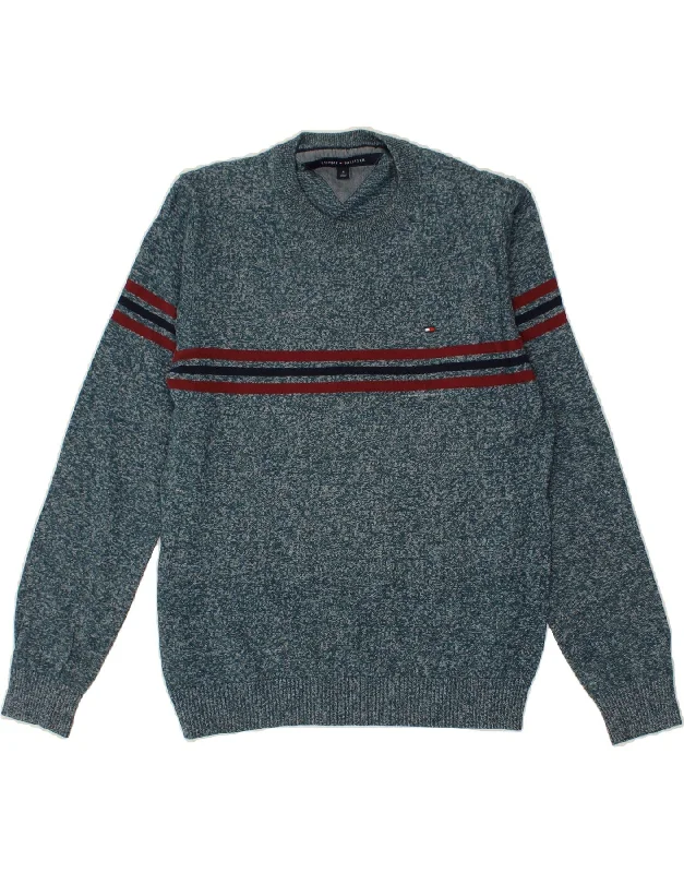 TOMMY HILFIGER Mens Crew Neck Jumper Sweater Medium Blue Flecked Cotton Chenille Brocade Lace