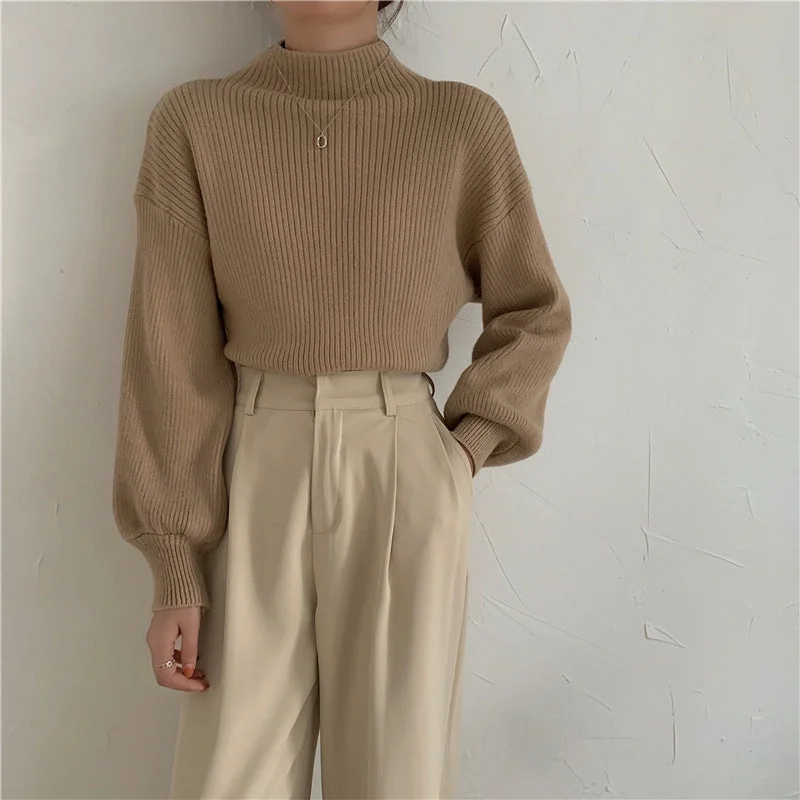 Wjczt fall fashion Japan and South Korea ~ 2024 New Bottoming Half Turtleneck Solid Color Lantern Sleeve Korean Style Knitted Sweater Top for Women Nylon Fabric Polyester Fabric Spandex Fabric