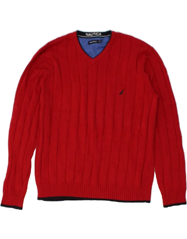 NAUTICA Mens V-Neck Jumper Sweater XL Red Cotton Chenille Blend Fleece Blend Nylon Blend