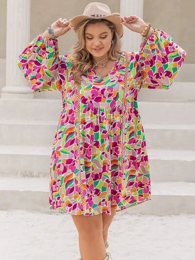 Plus Size Printed V-Neck Balloon Sleeve Mini Dress Cozy T-Shirt Mini Dress