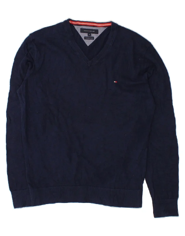 TOMMY HILFIGER Mens V-Neck Jumper Sweater Medium Navy Blue Cotton Hooded Sweater Collared Sweater Shawl Collar