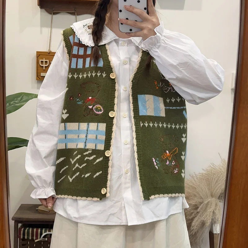 Wjczt sweater Mori Girl Artistic Retro Cartoon Embroidered Outer Wear Slimming Korean Style Age-Reducing Vest Soft Glutinous Knitted Vest All-Matching Top Chenille Fabric Brocade Fabric Lace Fabric