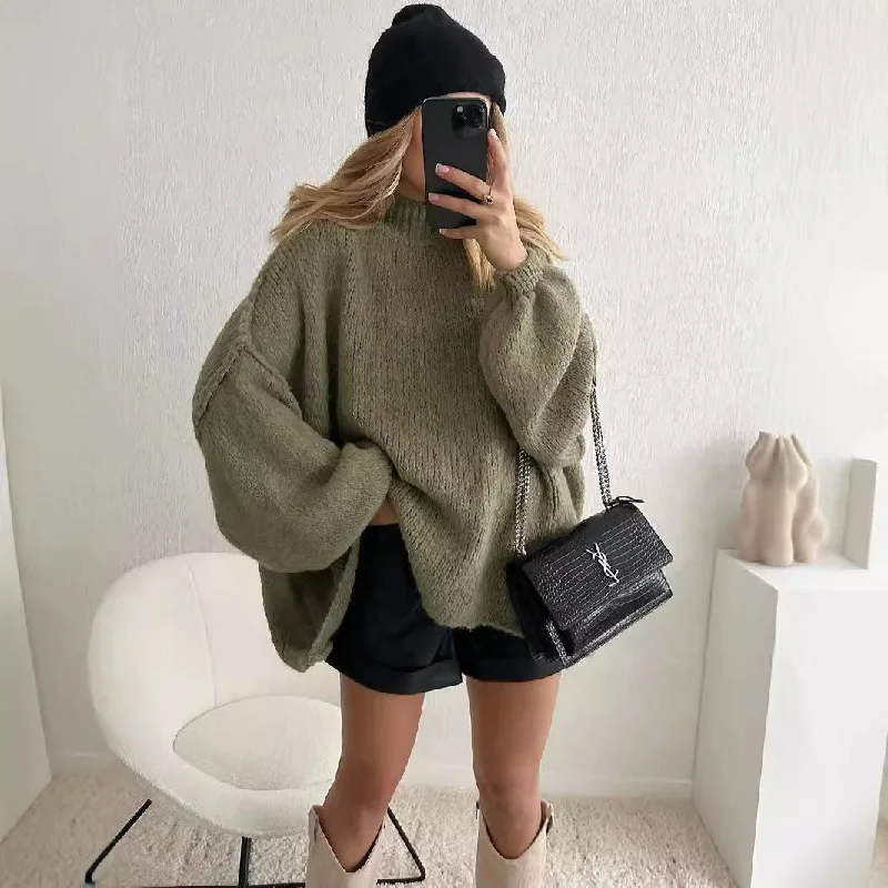 Wjczt  fashion Autumn and Winter New Loose Half Turtleneck Commuter Style Fake Reverse Wear Knitted Pullover Solid Color Sweater for Women Knit Fabric Woven Fabric Fleece Fabric