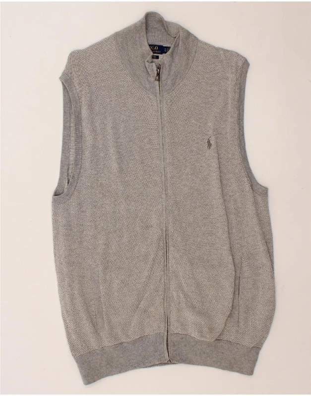 POLO RALPH LAUREN Mens Sleeveless Cardigan Sweater XL Grey Cotton Boat Neck Shawl Collar Notched Collar