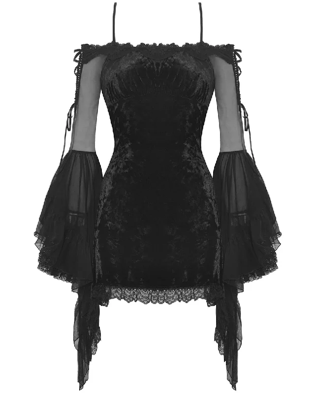 Dark In Love Womens Gothic Lolita Mesh & Lace Sleeve Velvet Mini Dress Fashionable Mini Dress with Slits