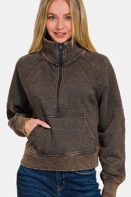 Zenana Acid Washed Half Zip Fleece Sweatshirt Hoodie with Hem Detail Decorative Unique