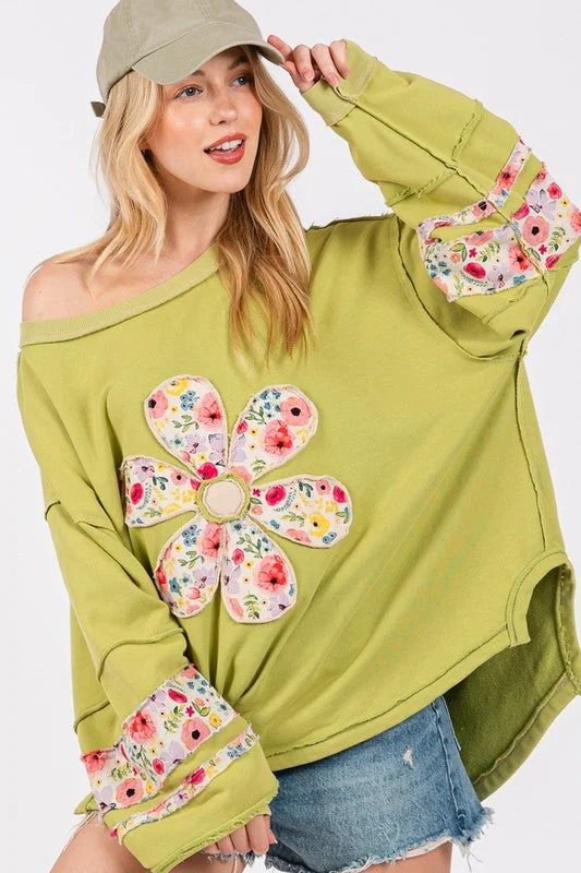 SAGE + FIG Daisy Patch Applique Long Sleeve Sweatshirt Hoodie with Puffed Sleeves Voluminous Trendy