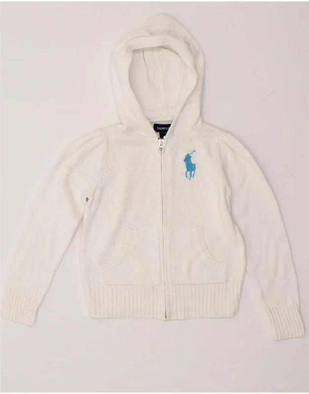 RALPH LAUREN Girls Hooded Cardigan Sweater 4-5 Years White Cotton Layered Multi-layer Single Layer