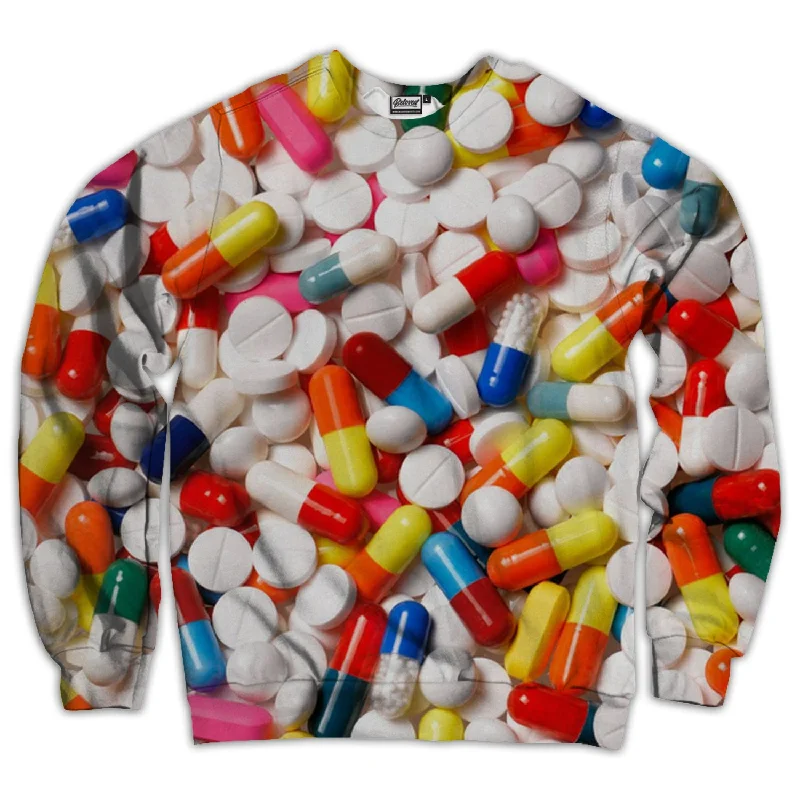 Pills Unisex Sweatshirt Hoodie with Hem Raw Edge Edgy Unfinished