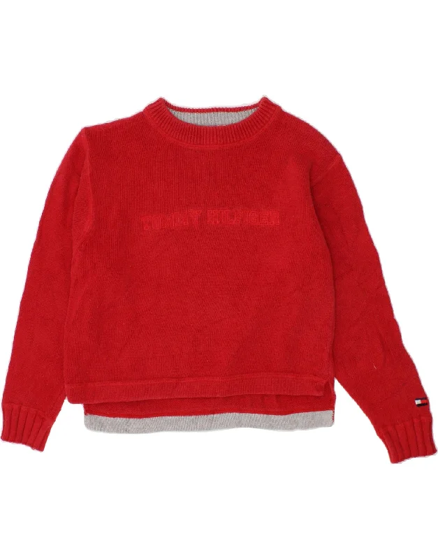 TOMMY HILFIGER Girls Graphic Boat Neck Jumper Sweater 5-6 Years Red Lace Blend Ribbed Blend Corduroy Blend