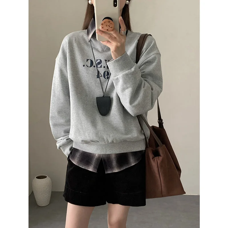 Wjczt frat outfits Letter Printed Sweater for Women Autumn and Winter New Korean Style Loose Casual Ins Super Popular round Neck Top Spandex Blend Rayon Blend Denim Blend