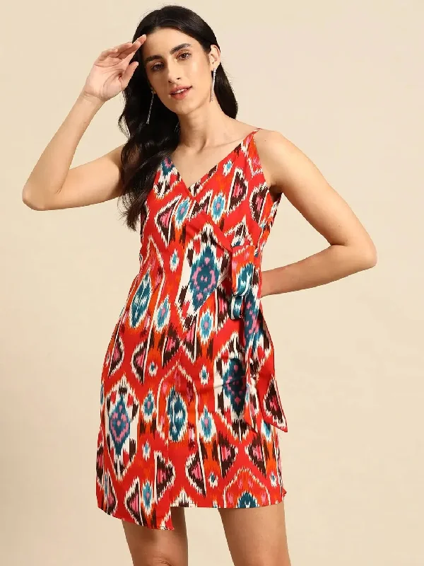 Overlap Mini Dress with side tie up in Red Ikkat Print Comfortable Wrap Mini Dress