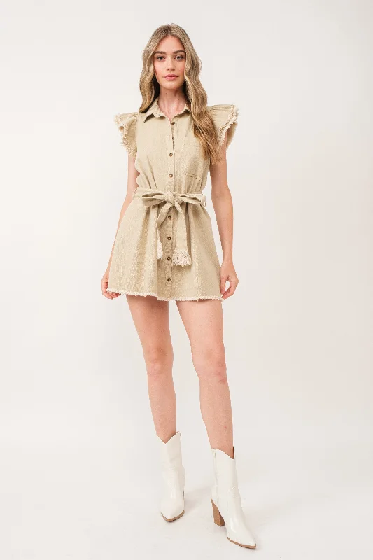 IVORY COLLARED BUTTON DOWN SELF-TIE BELT MINI DRESS IBD9654-1 Comfortable One-Shoulder Mini Dress