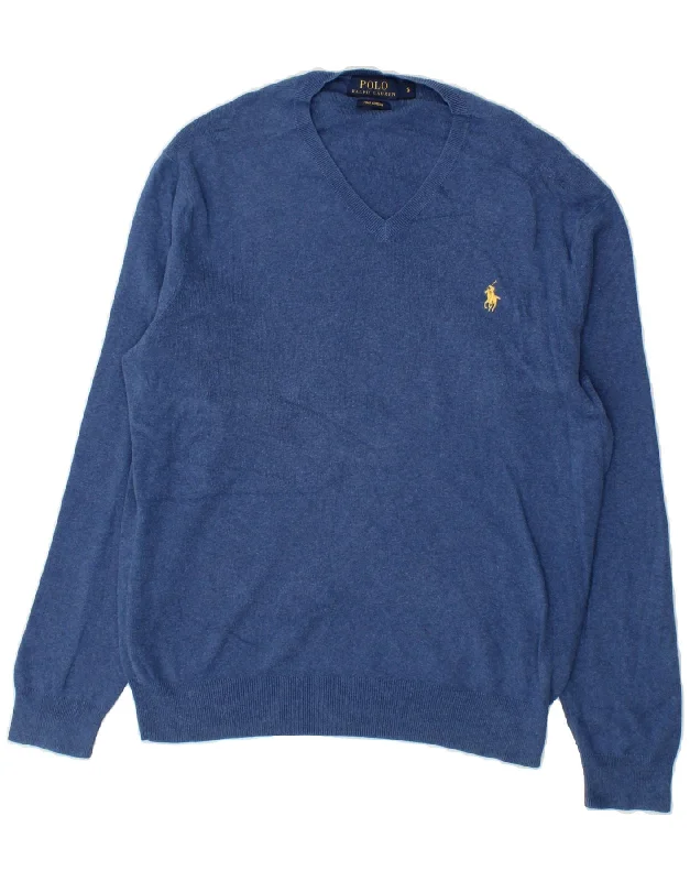 POLO RALPH LAUREN Mens V-Neck Jumper Sweater Small Blue Cotton Iron Safe Non-Iron Wrinkle Free