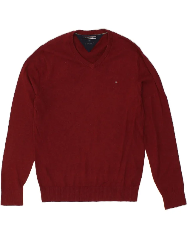 TOMMY HILFIGER Mens V-Neck Jumper Sweater Medium Burgundy Cotton Transparent Opaque Sheer