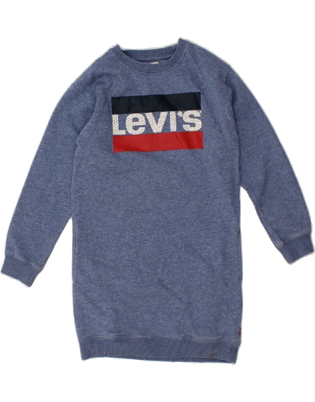 LEVI'S Girls Graphic Jumper Dress 7-8 Years Blue Cotton Cashmere Blend Cotton Blend Poly Blend