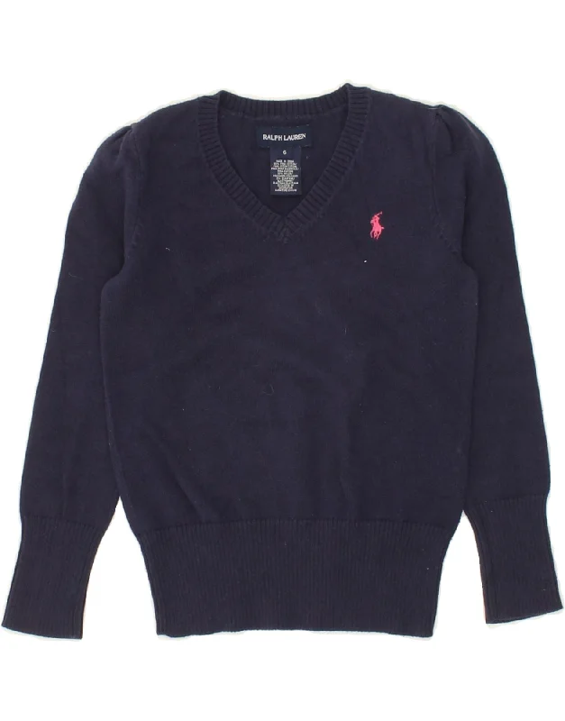 RALPH LAUREN Girls V-Neck Jumper Sweater 5-6 Years Navy Blue Cotton Seamless Knitted Crochet