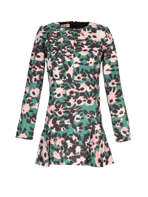 floral-print long-sleeve mini dress Trendy Mini Dress with Belt