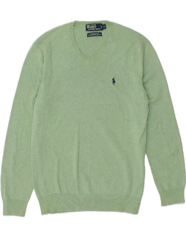 POLO RALPH LAUREN Mens V-Neck Jumper Sweater Small Green Fitted Loose Oversized