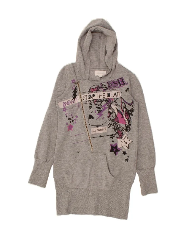 DIESEL Girls Graphic Hooded Jumper Dress 11-12 Years Medium Grey Oversized Loose Flowy