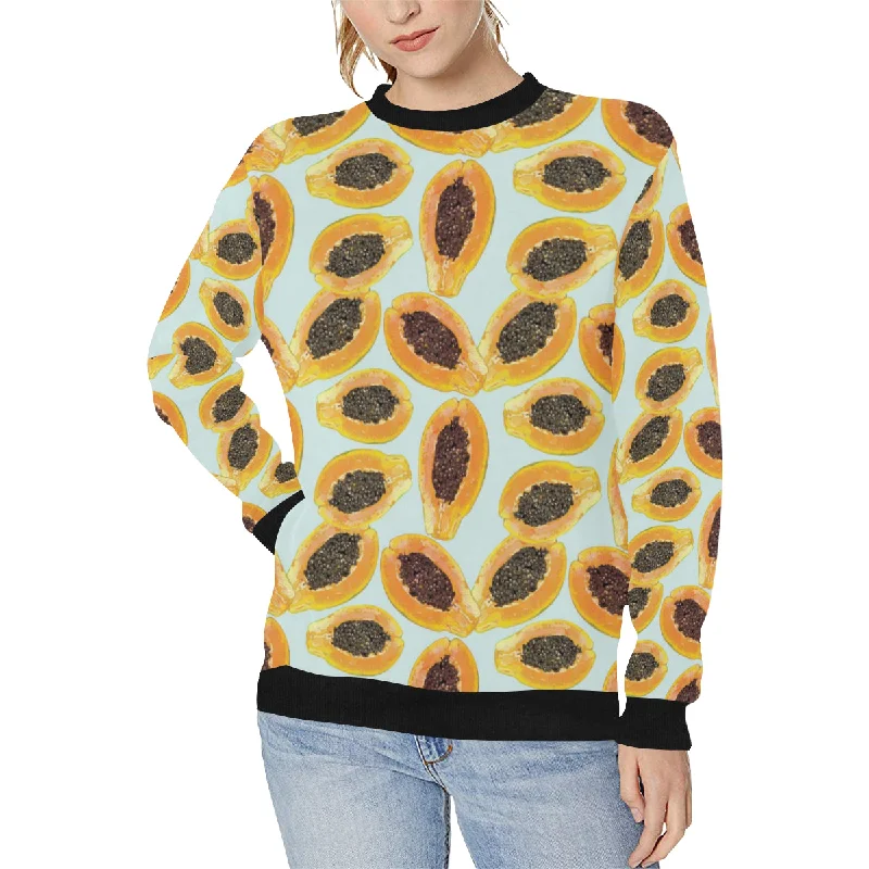 Watercolor papaya pattern Women's Crew Neck Sweatshirt Hoodie with Stripes Bold Sporty