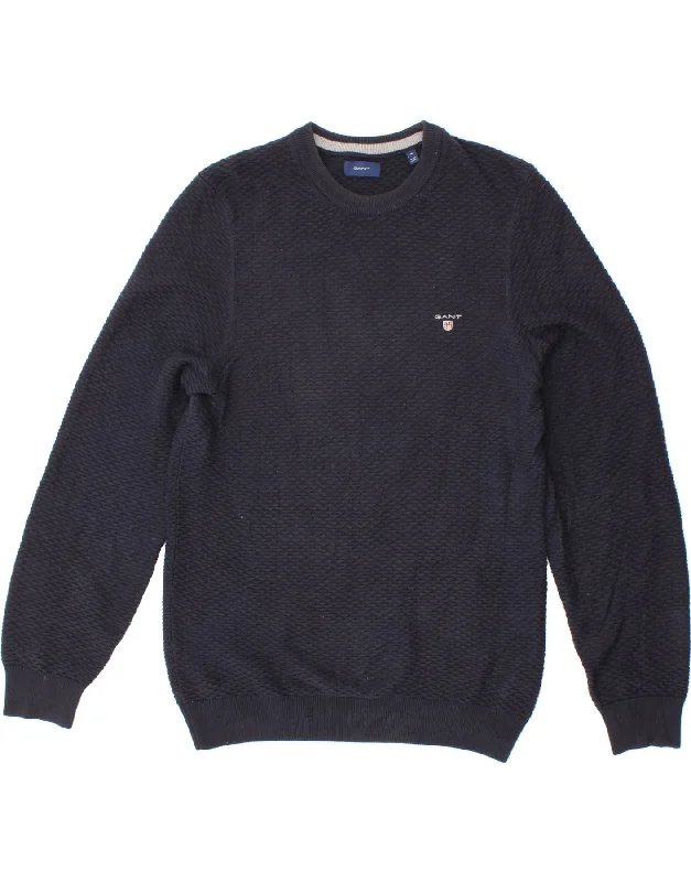 GANT Mens Crew Neck Jumper Sweater Medium Navy Blue Cotton Plaid Sweater Polka Dot Checkered