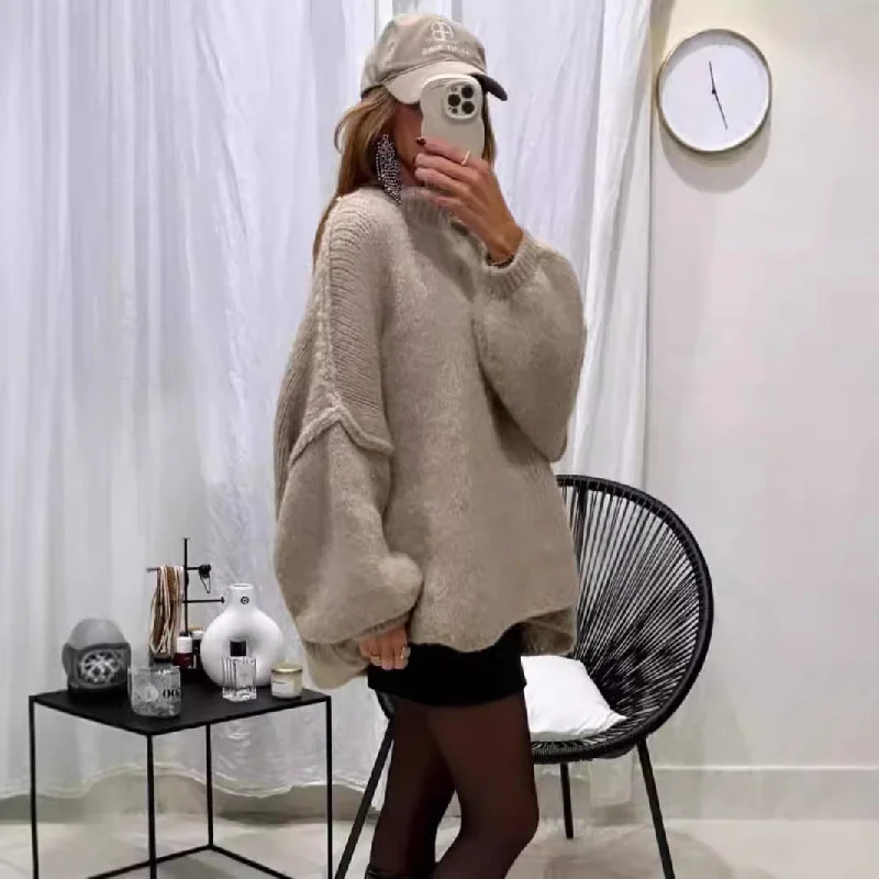 Wjczt dti outfits Autumn and Winter New Loose Half Turtleneck Commuter Style Fake Reverse Wear Knitted Pullover Solid Color Sweater for Women Mesh Fabric Canvas Fabric Denim Fabric