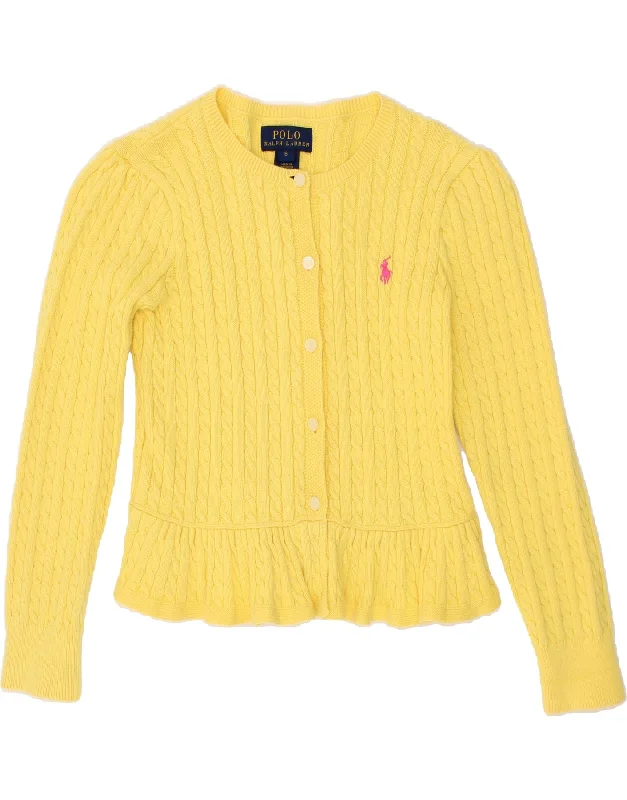 POLO RALPH LAUREN Girls Cardigan Sweater 5-6 Years Yellow Cotton Chenille Blend Fleece Blend Nylon Blend