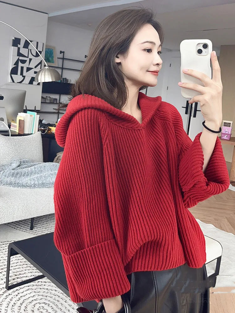 Wjczt Korean style Long Sleeve Sweater Autumn Winter New Hooede Womens Clothing Pullover Tops Warm Fashion Women Knitwears Oversized Loose Flowy