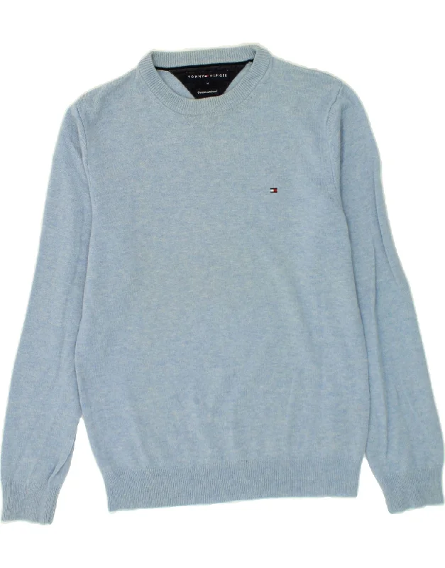 TOMMY HILFIGER Mens Crew Neck Jumper Sweater Medium Blue Lambswool Stretchy Elastic Breathable