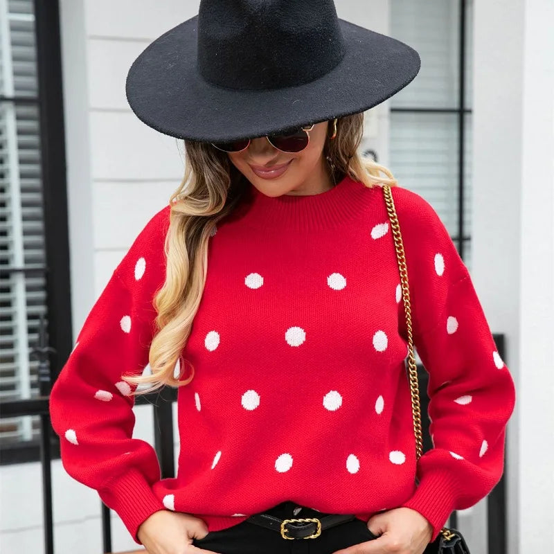 Wjczt Women's Sweater Autumn Outfits Winter New Fashion Sweater Knitted Sweater Polka Dot Long Sleeved Pullover Fashion Tops Women Stylish Fashionable Trendy