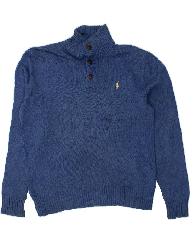 POLO RALPH LAUREN Mens Button Neck Jumper Sweater Medium Blue Cotton Spandex Rayon Corduroy