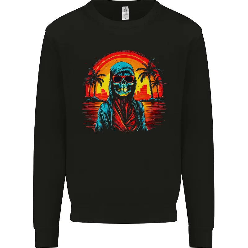 A Retrowave Skeleton Holiday Sunset Skull Mens Sweatshirt Jumper Hoodie with Cuffed Sleeves Snug Secure