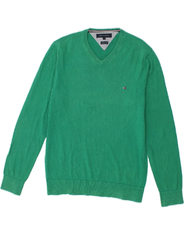 TOMMY HILFIGER Mens V-Neck Jumper Sweater Medium Green Cotton Mesh Blend Leather Blend Suede Blend