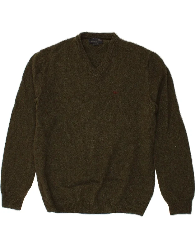 MARLBORO CLASSICS Mens V-Neck Jumper Sweater XL Khaki Flecked Wool Chenille Blend Fleece Blend Nylon Blend