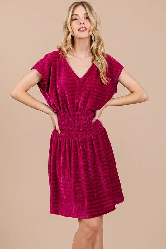 FUCHSIA TEXTURED KNIT SMOCKING DETAILED MINI DRESS CFDLU51382SA Elegant Tulle Mini Dress