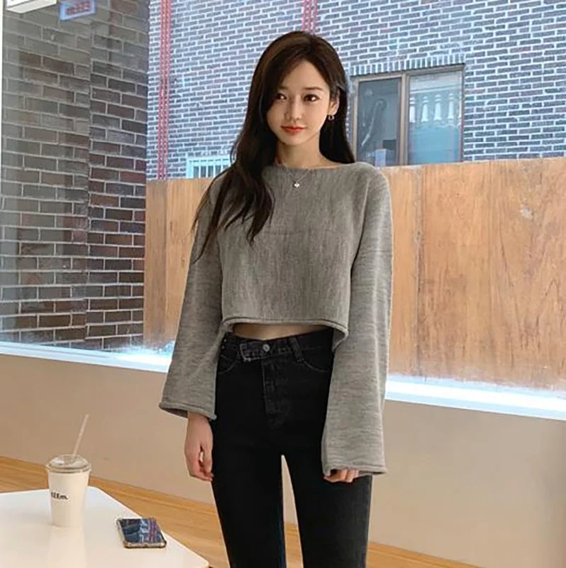 Wjczt concert outfit Dongdaemun Autumn and Winter New Young Girl Curling Short Navel Pullover Slimming Woolen Sweater T-shirt for Women Sequined Glittery Shiny