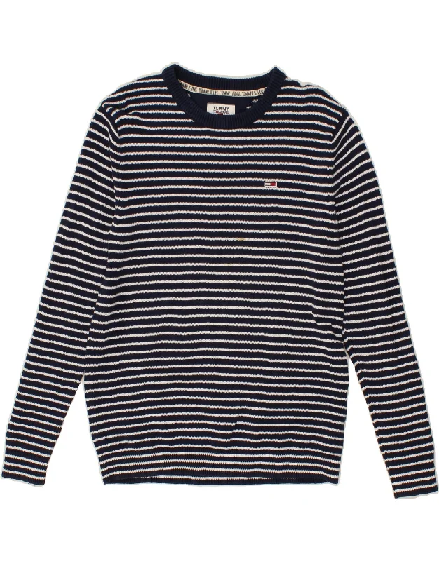 TOMMY HILFIGER Mens Boat Neck Jumper Sweater Medium Navy Blue Striped Spandex Rayon Corduroy