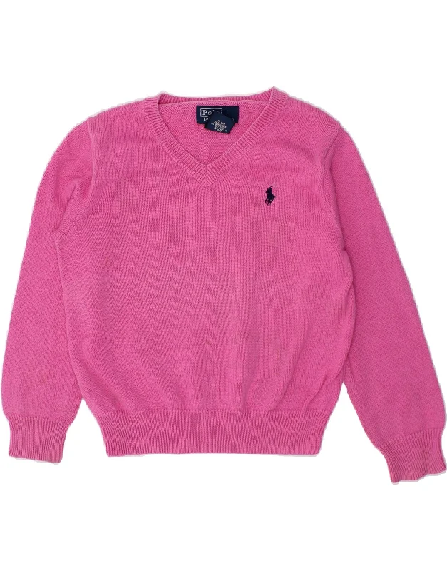 POLO RALPH LAUREN Girls V-Neck Jumper Sweater 3-4 Years Pink Cotton Chenille Blend Fleece Blend Nylon Blend