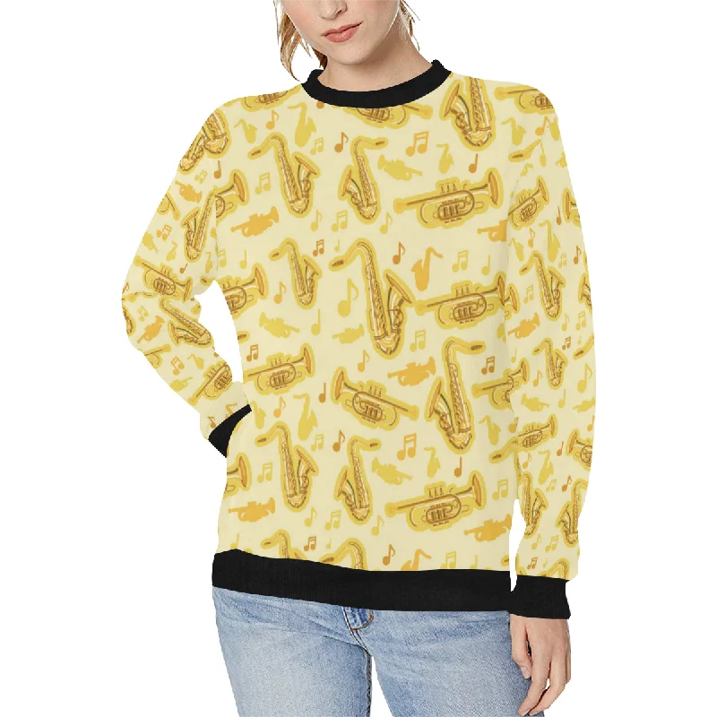 Saxophone cornet pattern yellow background Women's Crew Neck Sweatshirt Hoodie with Distressed Vintage Worn