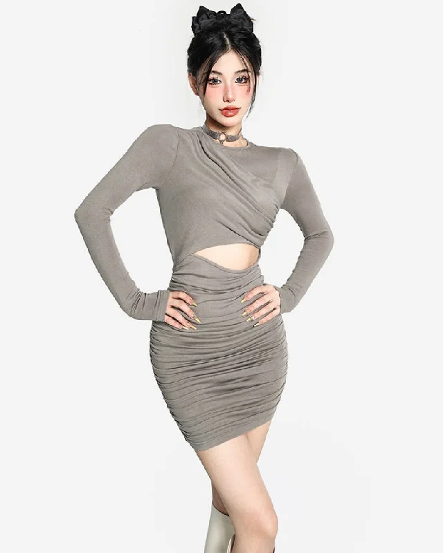 Akira Solid Color Grey Cut Out Long Sleeve Slim Ruched Mini Dress Elegant Mini Dress with Ruffles