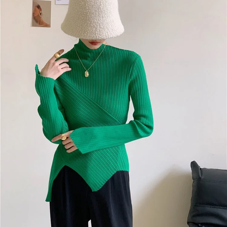 Wjczt fall 2024 fashion trends Oblique Collar off-the-Shoulder Irregular Thread Slim Slimming Sexy Temperament Bottoming Shirt Sweater for Women Embroidered Appliqued Beaded