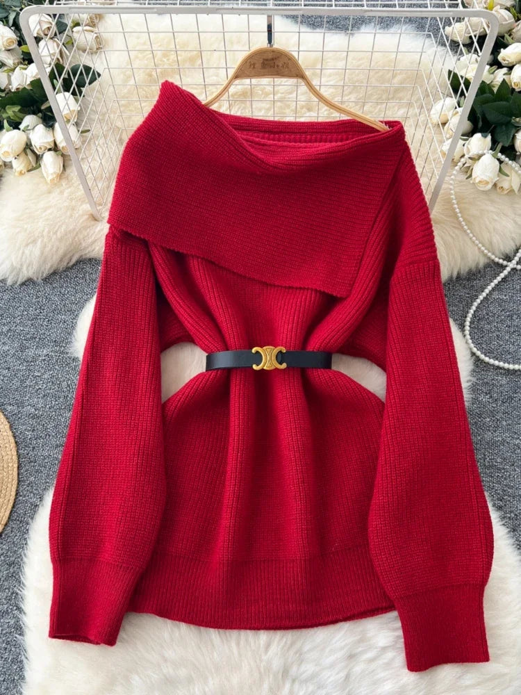 Wjczt Women Knitted Sweater Autumn Winter Sexy Off Shoulder Lapel Slim Pullover Tops Female Solid Long Sleeve Korean Casual Sweaters Boat Neck Shawl Collar Notched Collar