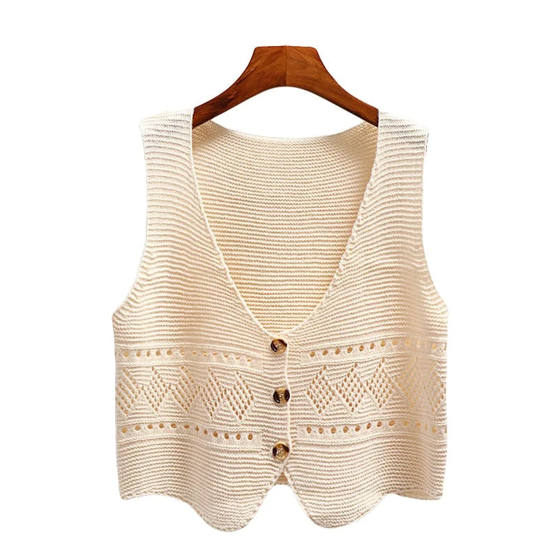 Wjczt 2024 Korean Fashion V Neck Loose Sleeveless Sweater Vest Women Knitted Hollow Out Single Breasted Short Cardigan Female Kniwear Glossy Satin Silk